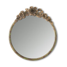  Rustic Metal Flower Topped Green Brown & Gold Round Mirror