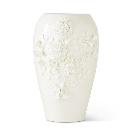 White Ceramic Pot w/Raised Dianthus Flower