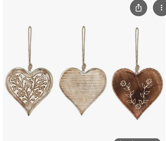 White Etched Wood Hearts 4.5”
