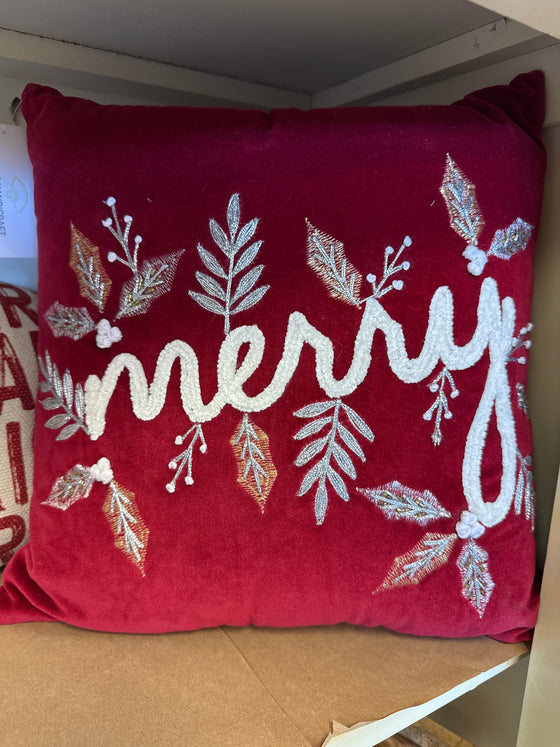 Red Velour Embellished Merry/Joyful Pillows