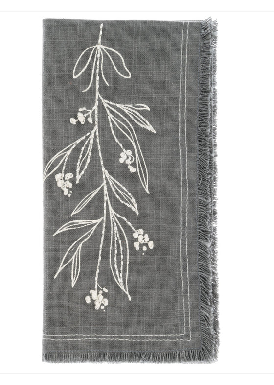 Embroidered Gray/Cream Mistletoe Napkin Set