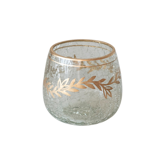 Glass Votive Holder with Gold Design, Crackle Finish